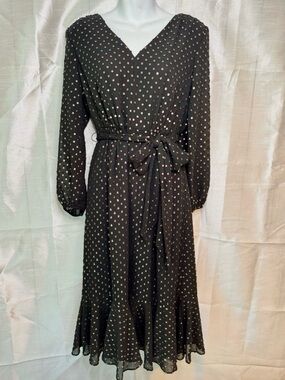 J. Crew Black Long-Sleeve V-Neck Black with Gold Polka Dot Tie-Waist Dress